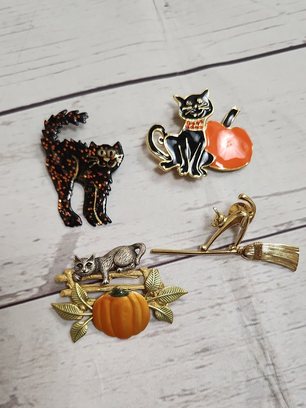 Halloween Cat Broochs with Orange Pumpkin Accents